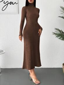 EURMUSE Turtleneck Ribbed Knit Sweater Dress - Brown - View 4