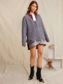 WESTFADE 春季粗针织 V 领长袖正面纽扣做旧长款开衫 - 淺灰紫 - 查看 4