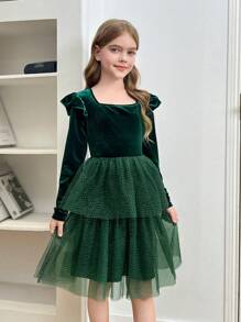 SHEIN Vestido elegante y elegante de fiesta para niñas preadolescentes, con cuello alto, panel de terciopelo con volantes y malla plateada, adecuado para fiestas de Navidad, graduación y bailes de promoción