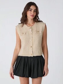 Enchnt 女士纯色圆领前扣休闲无袖针织毛衣背心