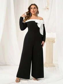 SHEIN Belle Bộ đồ liền thân ống rộng tối giản màu đen trắng thiết kế trễ vai thanh lịch cỡ lớn tay dài cạp cao - màu đen - Xem 4