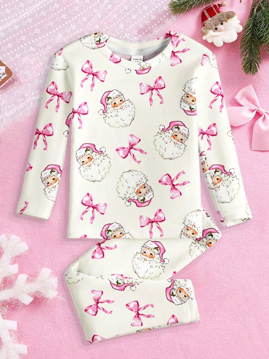 Tween 女童圣诞老人和蝴蝶结装饰卡通图案长袖上衣和裤子 2 件套贴身休闲家居服，适合秋冬季节，圣诞节 - 彩色 - 查看 1