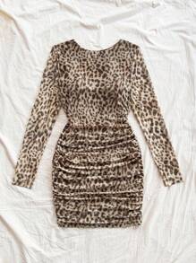 Soleia Women Leopard Knit Round Neck Long Sleeve Bodycon Mini Dress, Fitted Waist, Suitable For Holiday And Party Wear, Autumn/Winter