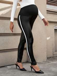 SHEIN Mallas negras de tobillos ajustados con rayas y parches de PU para mujer de talla grande, en estilo deportivo informal, ideales también para maternidad