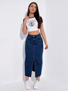 SHEIN ICON Women's Pocketed Split Hem Casual Long Denim Skirt - Dark Wash - View 5