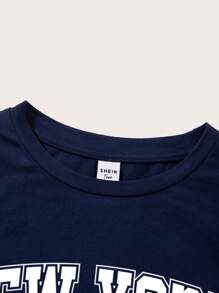 SHEIN Girlism Teen Girl Dark Blue/Autumn/Winter/College Versatile/Los Angeles Slogan Print/Detailed Gathering/Long Sleeve Short T-Shirt - Royal Blue - View 6