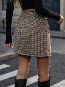 SHEIN Clasi 女士千鸟格图案开衩下摆休闲迷你裙 - 彩色 - 查看 2