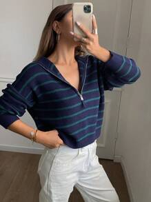 DAZY 休闲条纹半拉链长袖套头衫