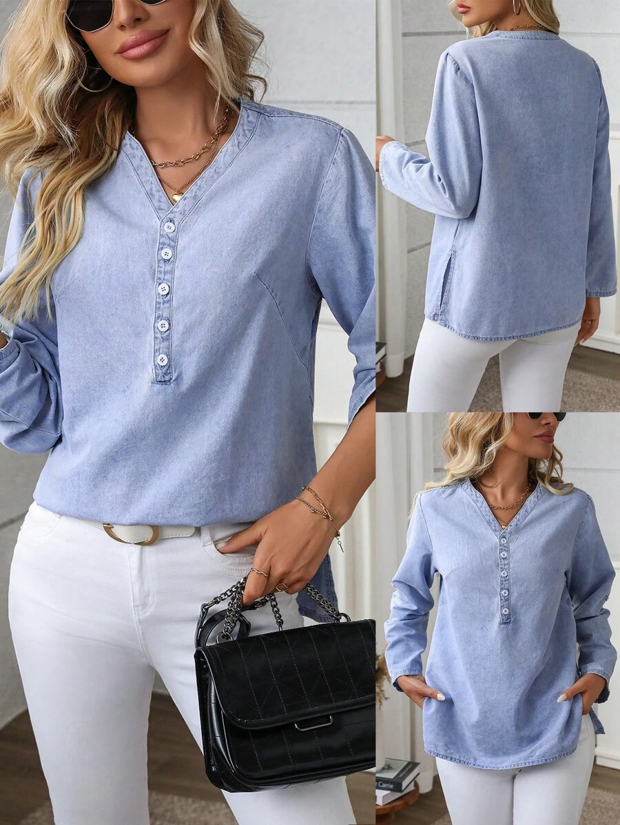 SHEIN LUNE Solid V-Neck Casual Versatile Roll-Up Sleeve Denim Shirt Fall Cloth For Women