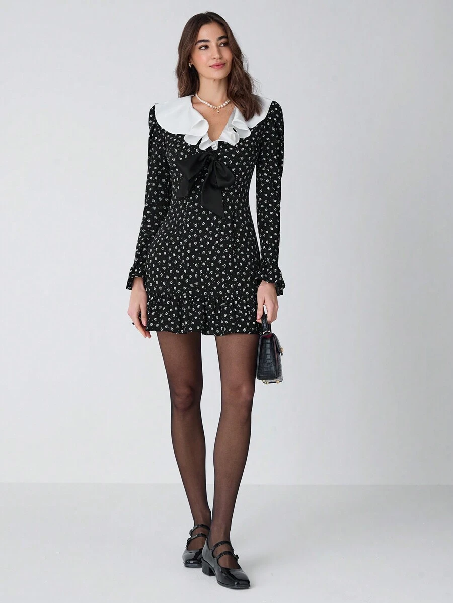 Enchnt 女士花卉印花荷叶边下摆优雅长袖 - 黑色 - 查看 1