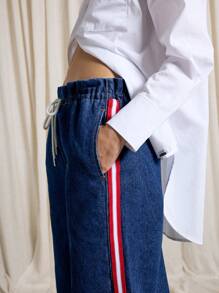 AiiRZ Jeans holgados con cintura tipo paperbag, ribete lateral en contraste y cordones