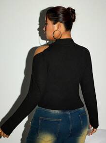 SHEIN ICON Plus Size Women's Black Knit Stand Collar Shoulder Hollow Long Sleeve Cropped Pullover Sweater - Black - View 6