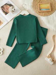 SHEIN Young Girl Textured Short Knitwear Sweater Set For Autumn/Winter - Green - View 2