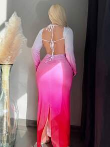 SHEIN SXY Rochie de damă cu mânecă lungă, cu mânecă lungă, cu spatele deschis, cu imprimeu degradat, cu legături, potrivită pentru toamnă/iarnă - Multicolor - Vizualizare 6