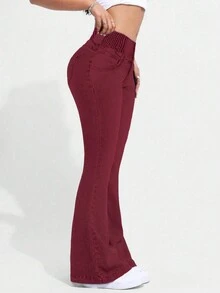 (Cotton Blend) Women Single Button Down Waist Fitted Stretch Denim Flare Pants - Red - View 4