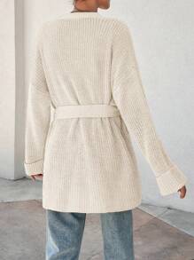 EURMUSE Cárdigan de punto estriado con cinturón, de línea asimétrica y oversize para mujer - Crema - Ver 2