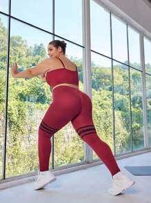 Easithlete Damen Große Größen Set aus einfarbigem Trägertop und gestreifter Leggings mit hoher Taille, nahtloser Trainingsanzug für den täglichen Workout im Fitnessstudio - Verschiedenfarbig - Übersicht 4