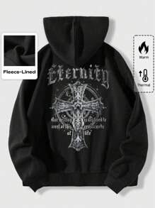 ROMWE MEN Goth Men Letter Graphic Kangaroo Pocket Drawstring Thermal Hoodie, School