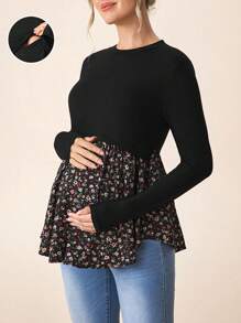 SHEIN Camiseta de manga larga de maternidad casual de bloque de color para lactancia para uso en otoño