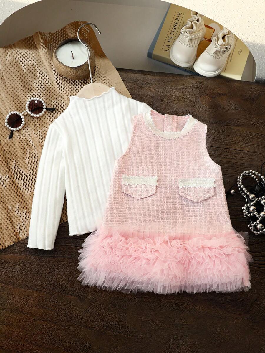 SHEIN Elladie kids 2pcs Baby Girls Layered Mesh Tutu Dress & Long Sleeve Turtleneck Sweater Top Set, Casual, Comfortable And Adorable, For Spring/Autumn/Winter