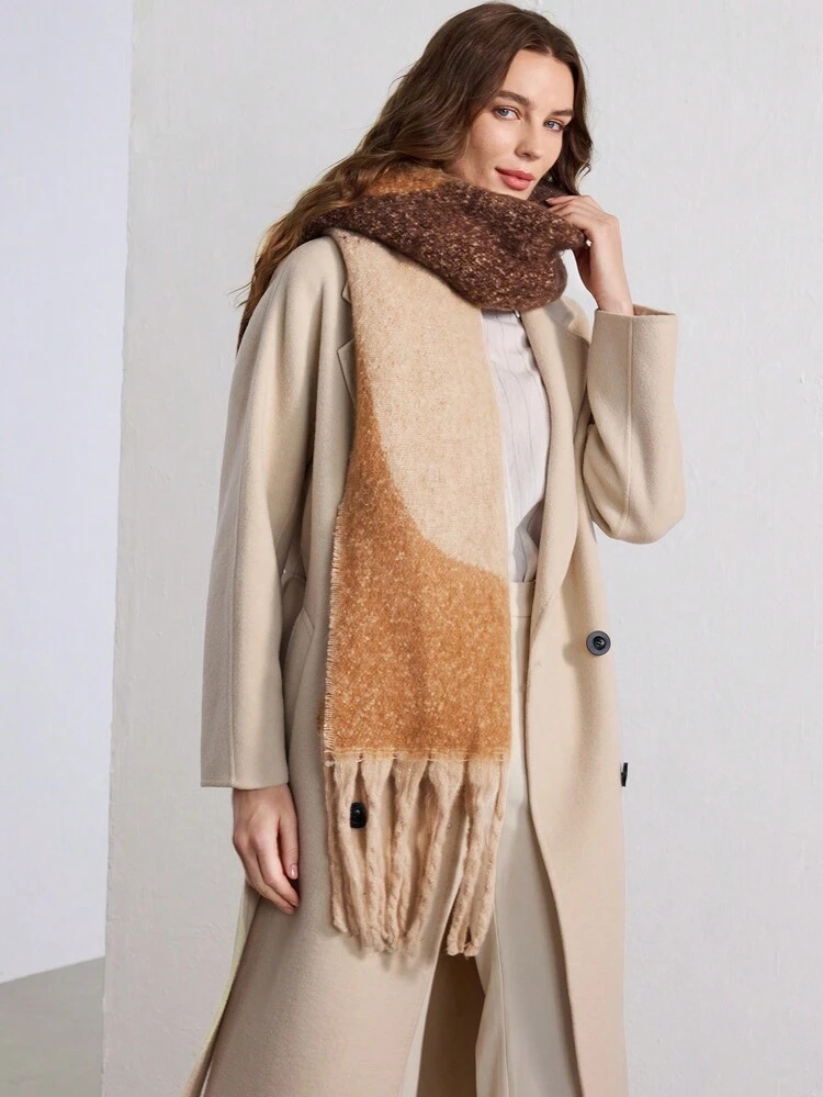 1PC BOHO STYLE COLORBLOCK FRINGED SCARF WRAP, SUITABLE FOR WINTER, GIFT, WARM