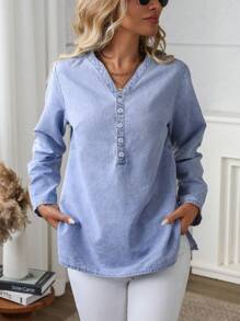 SHEIN LUNE Solid V-Neck Casual Versatile Roll-Up Sleeve Denim Shirt Fall Cloth For Women