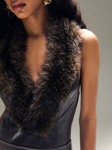 TypaGal Winter Faux Fur Collar Contrast Stitch PU Backless Pleated Dress Winter - Brown - View 4