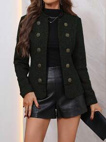 SHEIN Clasi Women's Elegant Double Breasted Long Sleeve Stand Collar Jacket, Autumn/Winter - Dark Green - View 6