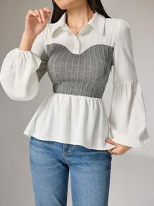 Heiryn Women's Color Blocking Ruffle Hem Long Sleeve Blouse, Autumn - Grey - View 3