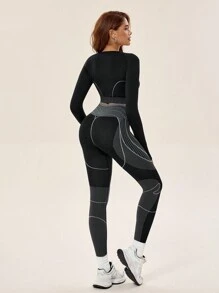 Lifespree 无缝几何图案心形运动高弹力女式瑜伽服适合运动健身套装情人节 - 黑色 - 查看 5