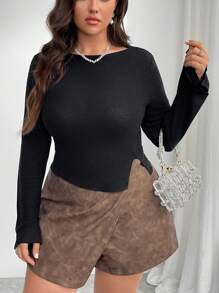 SHEIN Privé Blusa de manga larga y acampanada con abertura frontal, cuello redondo, corte ajustado, para mujer de talla grande, ideal para ocasiones como días festivos, Año Nuevo, fiestas y oficina elegante