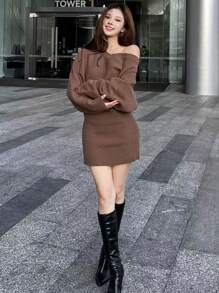 SHEIN ICON 1pc Women Solid Round Neck Batwing Long Sleeve Slim Knitted Sweater Dress, Autumn/Winter Fall Cloth For Women