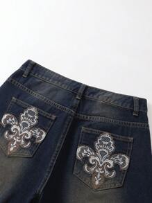 SHEIN EZwear Jeans feminino streetwear Y2K vintage gráficos bordados lavados folgados - Lavagem escura - Ver 3