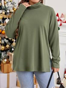 SHEIN LUNE 大码女式纯色围脖领落肩长袖休闲宽松 T 恤，秋冬季圣诞女式上衣圣诞服装女式新年女装绿色节日装 - 綠色 - 查看 5