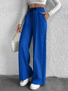 Cottnline Petite Drawstring Waist Wide Leg Pants - Royal Blue - View 3
