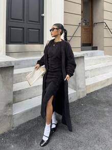 SHEIN EZwear 女式两件套长袖超长夹克和侧开衩背心裙 - 黑色 - 查看 5