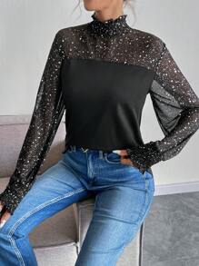 SHEIN Clasi Women's Sequin Mesh Paneled Solid Color Blouse