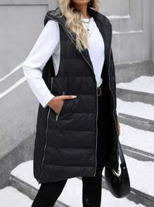 SHEIN Clasi Women's Plain Color Zipper Front Long Hooded Casual Padded Padded Coat, Winter Clothes - Black - View 3