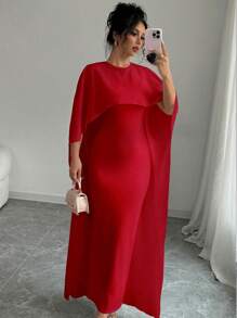 Elenzga Abito elegante da donna monocolore con maniche a pipistrello, collo rotondo, vestito da sera formale per Capodanno, abito lungo da donna