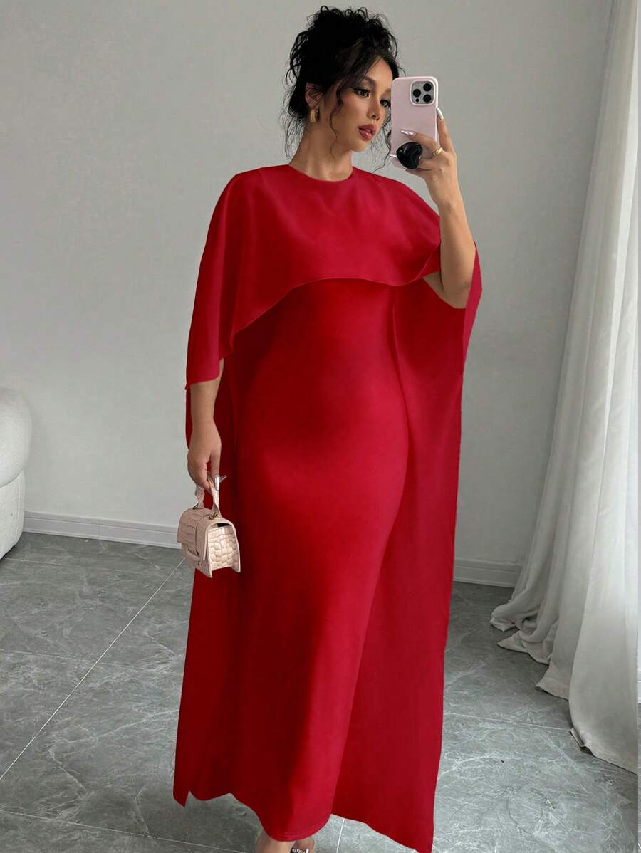Elenzga Abito elegante da donna monocolore con maniche a pipistrello, collo rotondo, vestito da sera formale per Capodanno, abito lungo da donna