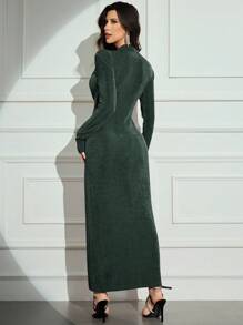 Modelyn Ladies V-Neck Long Sleeve Rhinestone Waist Pleated Maxi Elegant Dress Long Evening Dresses - Army Green - View 2