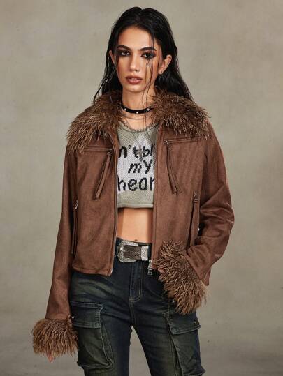 Grunge Punk Vintage Motorcycle Style Fur Collar Fitted Suede Jacket For Women