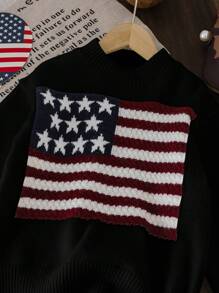 Oversized American Flag Pattern Drop Shoulder Sweater, Fashionable Casual Pullover For Tween Girls - Black - View 6
