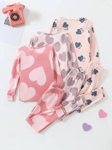 3pcs Young Girl Cute Heart Print Casual Long Sleeve Top And Pants Set, Snug Fit - Multicolor - View 2