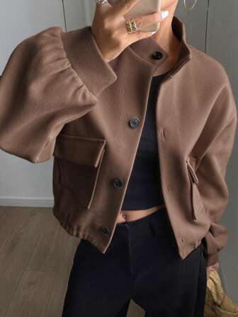 Livesso Einfarbige Stehkragen-Kurzjacke mit Tasche für Damen
