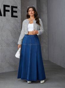 SHEIN Essnce Plus Size Solid Color Back Zipper Casual Versatile Denim Skirt - Blue - View 6