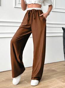 EURMUSE Women's Solid Color Patchwork Front Tie Pocket Simple Casual Pants - Brown - View 3