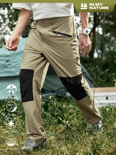 In My Nature Pantalones casuales de senderismo para hombres con parche de unicolor, abotonadura frontal y estampado de letra