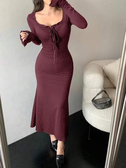 DAZY New Arrival Slim Fit Long Dress For Women, Autumn,Milkmaid Dress,Fall Women Clothes Long Sleeve Dress Red Women Dresses