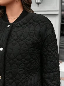 SHEIN LUNE Abrigo acolchado holgado de longitud hasta la rodilla de mujer talla grande en color negro con patrón geométrico y puños curvilíneos laterales, ropa de invierno para mujer, abrigo de invierno para vacaciones, térmica
